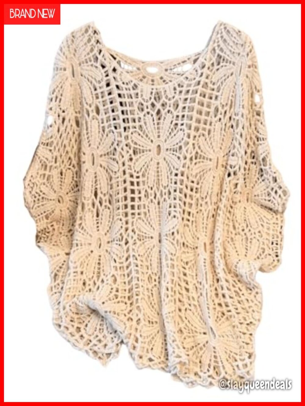 Plus Size Crochet Boho Beach Cover Up Dolman Sleeve Top